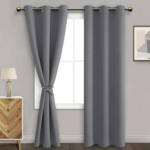 DWCN Blackout curtains for Bedroom with Tiebacks - Room Darkening Privacy Grommet Top Window Curtains for Living Room, 42 x 84 inches Long, Light Grey, Set of 2 Panels
