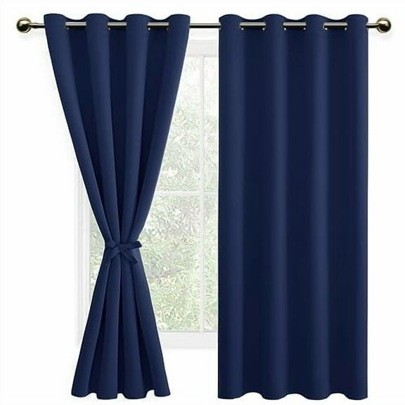 DWCN Blackout curtains for Bedroom with Tiebacks - Room Darkening Privacy Grommet Top Window Curtains for Living Room, 52 x 63 inch Length,Dark Blue,Set of 2 Panels