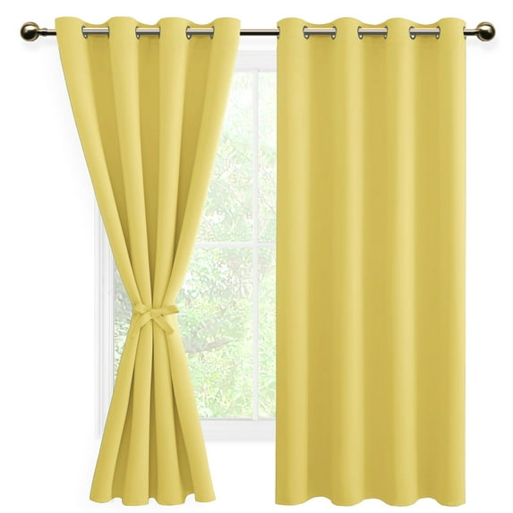 DWCN Blackout curtains for Bedroom with Tiebacks - Room Darkening Privacy Grommet Top Window Curtains for Living Room, 52 x 63 inch Length,Yellow,Set of 2 Panels