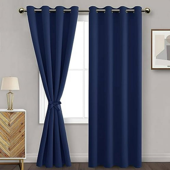 DWCN Blackout curtains for Bedroom with Tiebacks - Room Darkening Privacy Grommet Top Window Curtains for Living Room, 52 x 84 inch Length,Dark Blue,Set of 2 Panels