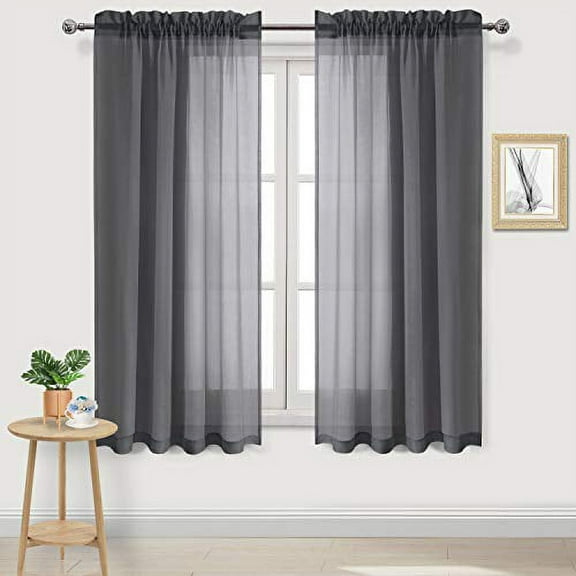 DWCN Dark Gray Sheer Curtains Semi Transparent Voile Rod Pocket Curtains for Bedroom and Living Room, 52 x 63 inches Long, Set of 2 Panels