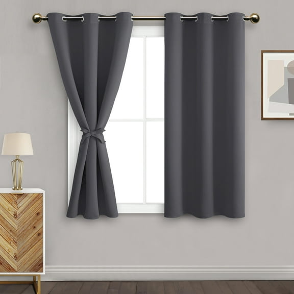 DWCN Dark Grey Blackout Curtains for Bedroom with Tiebacks - Thermal Insulated Light Blocking Grommet Window Curtains for Living Room, 42 x 45 inch Length, Set of 2 Panels