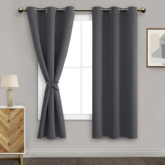DWCN Dark Grey Blackout Curtains for Bedroom with Tiebacks - Thermal Insulated Light Blocking Grommet Window Curtains for Living Room, 42 x 63 inch Length, Set of 2 Panels