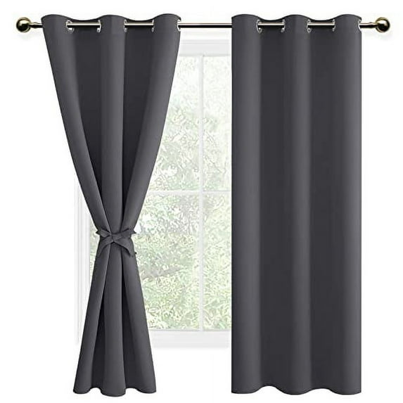 DWCN Dark Grey Blackout Curtains for Bedroom with Tiebacks - Thermal Insulated Light Blocking Grommet Window Curtains for Living Room, 42 x 72 inch Long, Set of 2 Panels