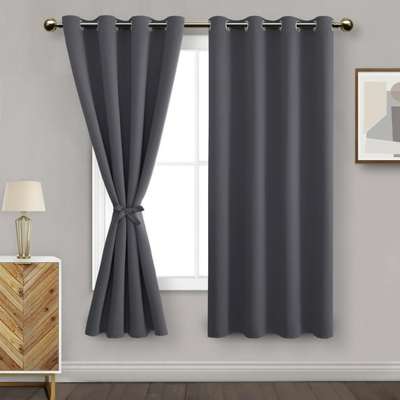 DWCN Dark Grey Blackout Curtains for Bedroom with Tiebacks - Thermal Insulated Light Blocking Grommet Window Curtains for Living Room, 52 x 63 inch Long, Set of 2 Panels