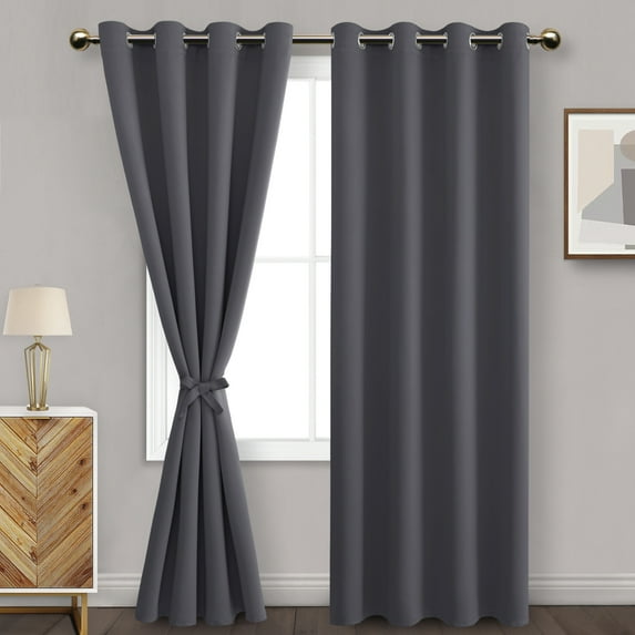 DWCN Dark Grey Blackout Curtains for Bedroom with Tiebacks - Thermal Insulated Light Blocking Grommet Window Curtains for Living Room, 52 x 84 inch Long, Set of 2 Panels