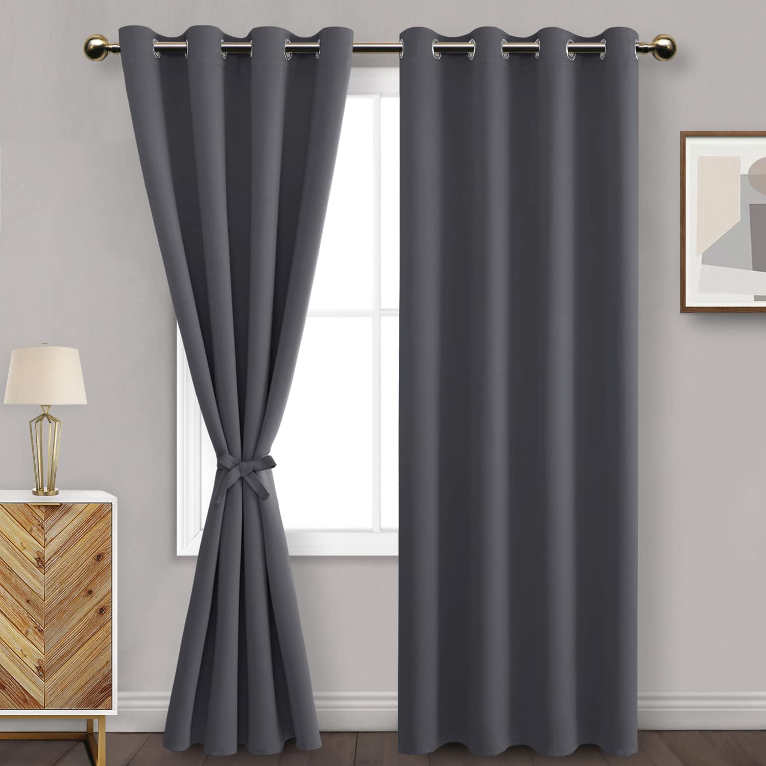 DWCN Dark Grey Blackout Curtains for Bedroom with Tiebacks Thermal