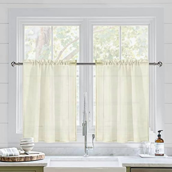 DWCN Ivory Sheer Curtains for Kitchen Windows - Rod Pocket Semi Transparent Voile Tier Curtains for Bedroom, Living Room, Farmhouse, 36 x 36 inches Long, Set of 2 Panels