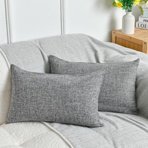 DWCN Linen Decorative Pillow Covers Comfortable Soft Cushion Covers for Sofa Couch Badroom,12 x 20 Inches, Grey, 2 Pack