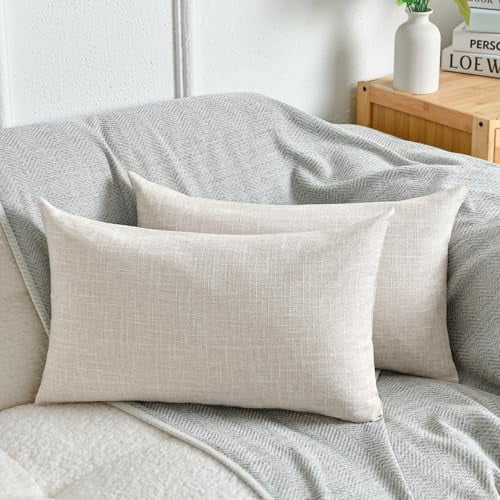 DWCN Linen Decorative Pillow Covers Comfortable Soft Cushion Covers for Sofa Couch Badroom,12 x 20 Inches, Natural Beige, 2 Pack
