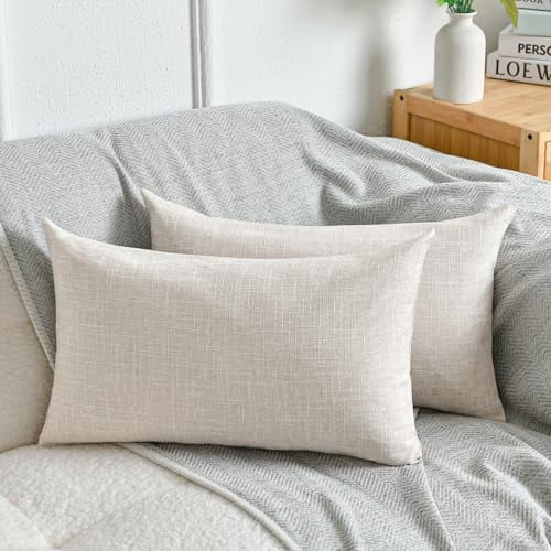 DWCN Linen Decorative Pillow Covers Comfortable Soft Cushion Covers for Sofa Couch Badroom,12 x 20 Inches, Natural Beige, 2 Pack