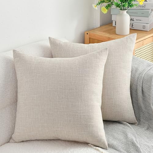 DWCN Linen Suqare Decorative Throw Pillow Covers for Home Sofa Decoration, 18 x 18 Inches, Natural Beige, 2 Pack