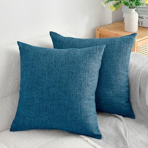 DWCN Linen Suqare Decorative Throw Pillow Covers for Home Sofa Decoration, 18 x 18 Inches, Navy Blue, 2 Pack