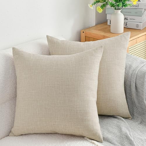 DWCN Linen Suqare Decorative Throw Pillow Covers for Home Sofa Decoration, 20 x 20 Inches, Beige, 2 Pack