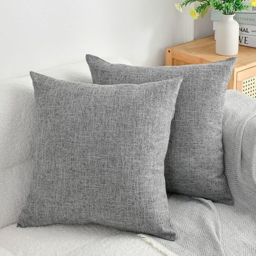 DWCN Linen Suqare Decorative Throw Pillow Covers for Home Sofa Decoration, 20 x 20 Inches, Grey, 2 Pack