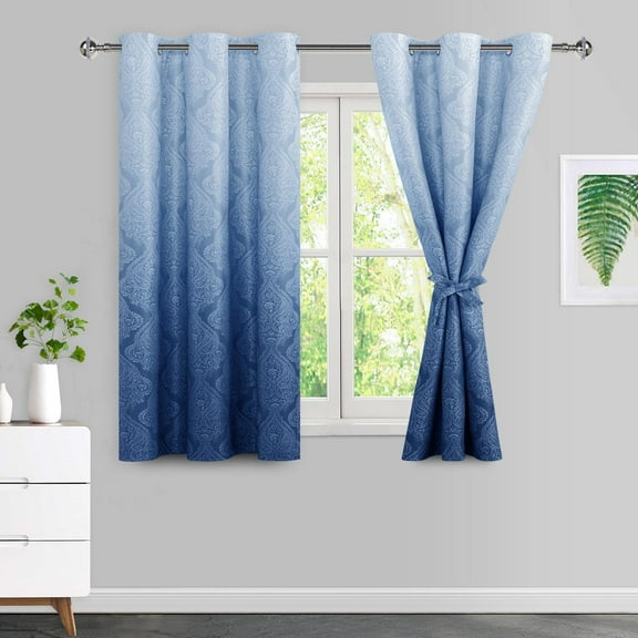 DWCN Ombre Blackout Curtains–Damask Patterned Thermal Insulated Noise Reducing Grommet Curtains for Bedroom Living Room, 42 x 54 Inches, Set of 2 Panels with Tiebacks, Navy Blue