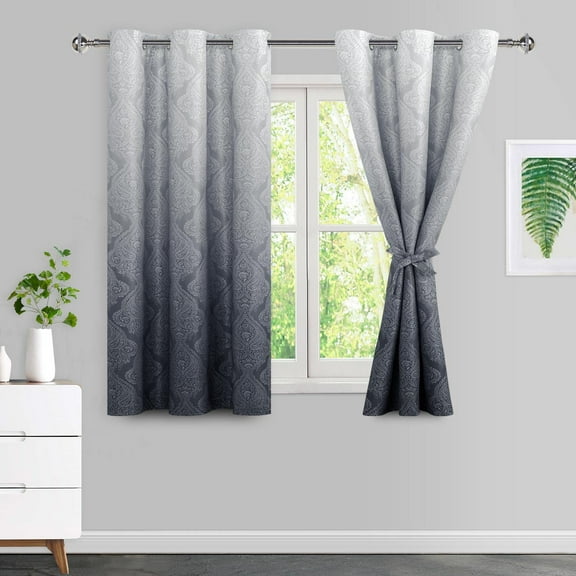 DWCN Ombre Blackout Curtains–Damask Patterned Thermal Insulated Noise Reducing Grommet Curtains for Bedroom Living Room, 46 x 54 Inches, Set of 2 Panels with Tiebacks, Grey