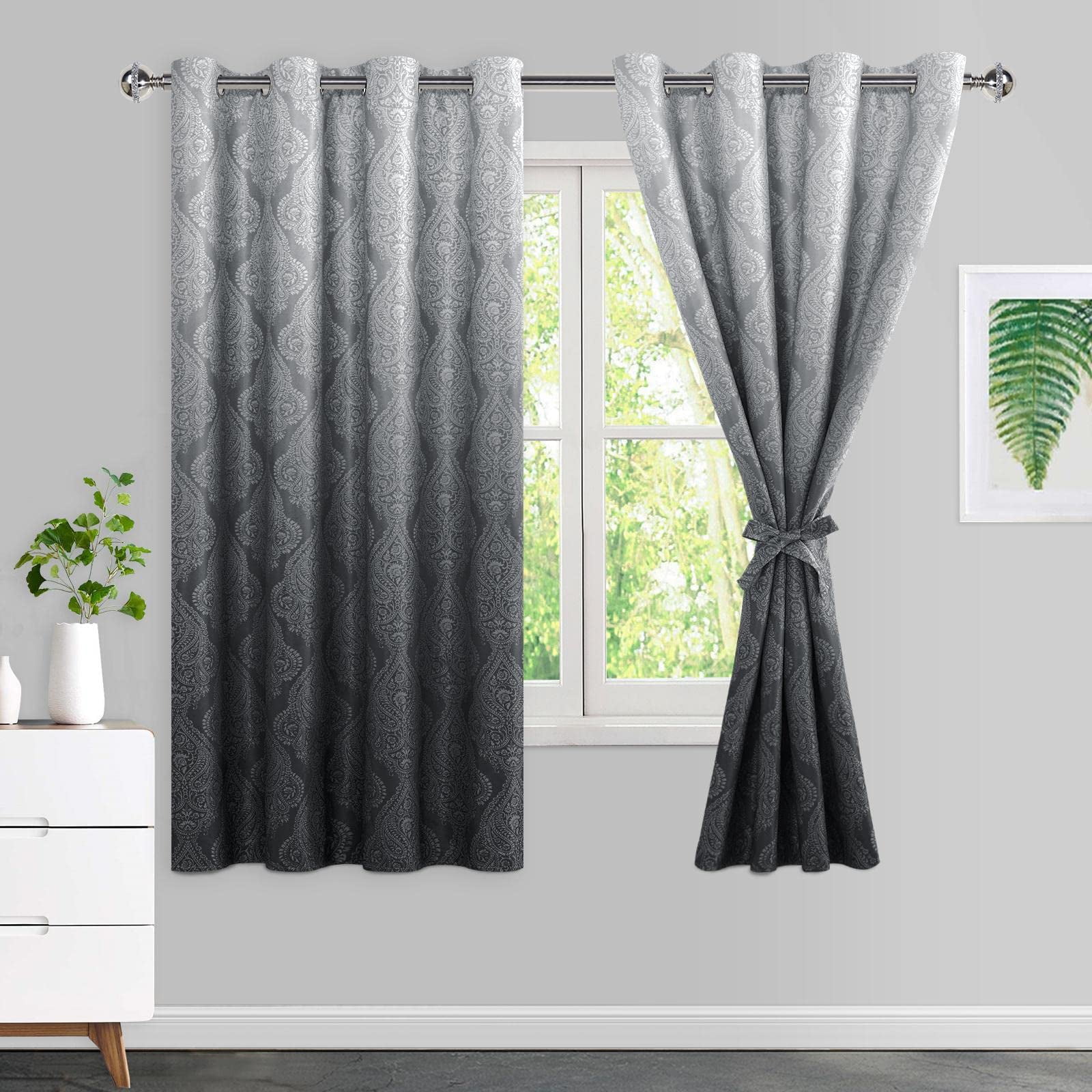 DWCN Ombre Blackout Curtains–Damask Patterned Thermal Insulated Noise Reducing Grommet Curtains for Bedroom Living Room, 52 x 63 Inches, Set of 2 Panels with Tiebacks, Black