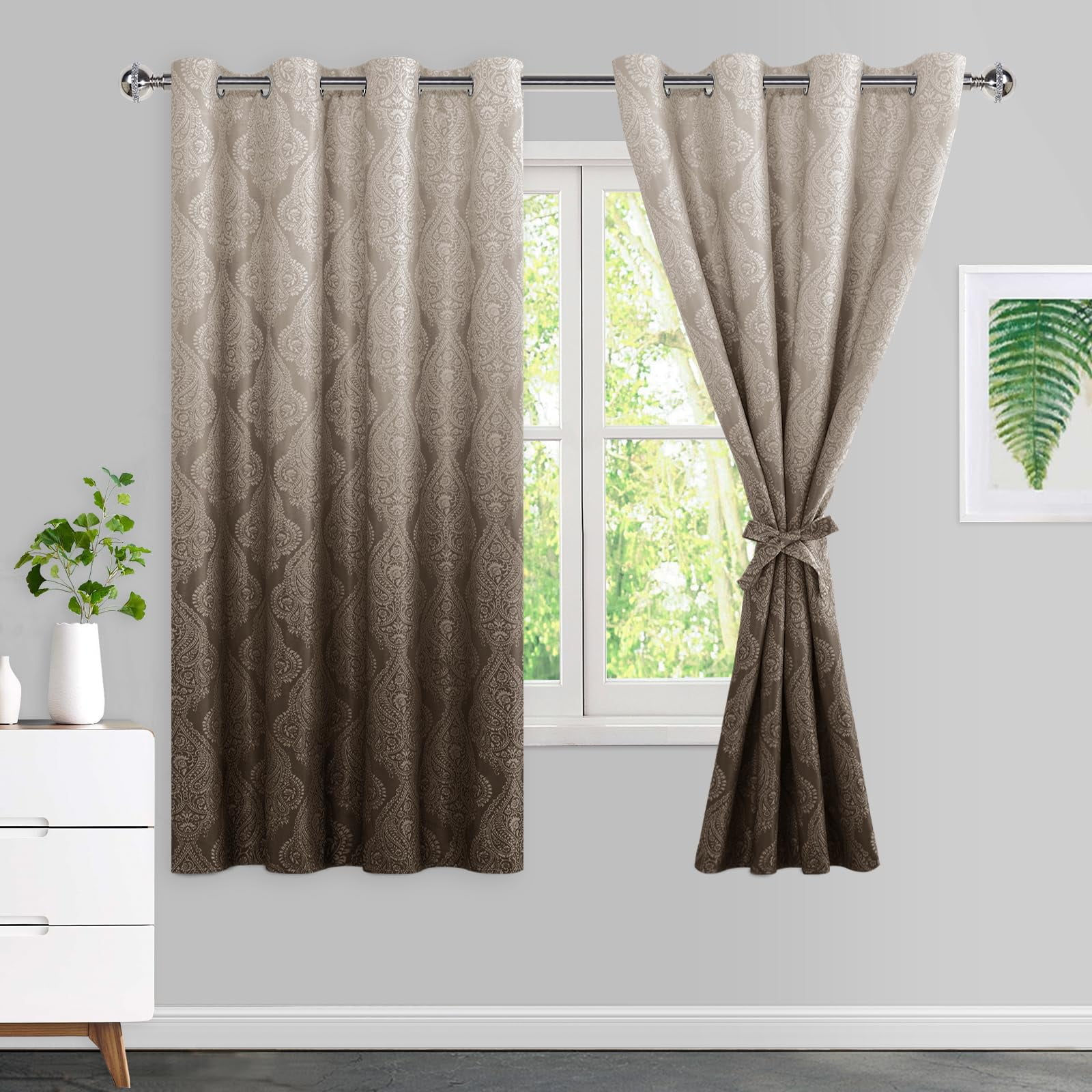 DWCN Ombre Blackout Curtains–Damask Patterned Thermal Insulated Noise Reducing Grommet Curtains for Bedroom Living Room, 52 x 63 Inches, Set of 2 Panels with Tiebacks, Brown