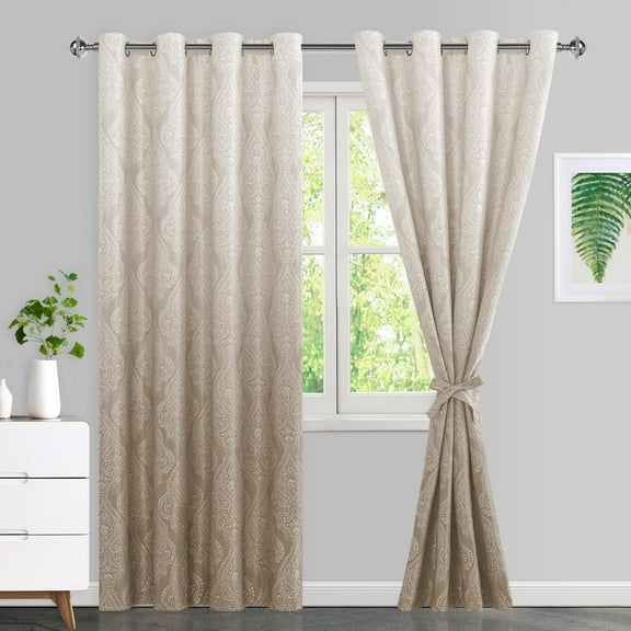 DWCN Ombre Blackout Curtains–Damask Patterned Thermal Insulated Noise Reducing Grommet Curtains for Bedroom Living Room, 52 x 84 Inches, Set of 2 Panels with Tiebacks, Taupe