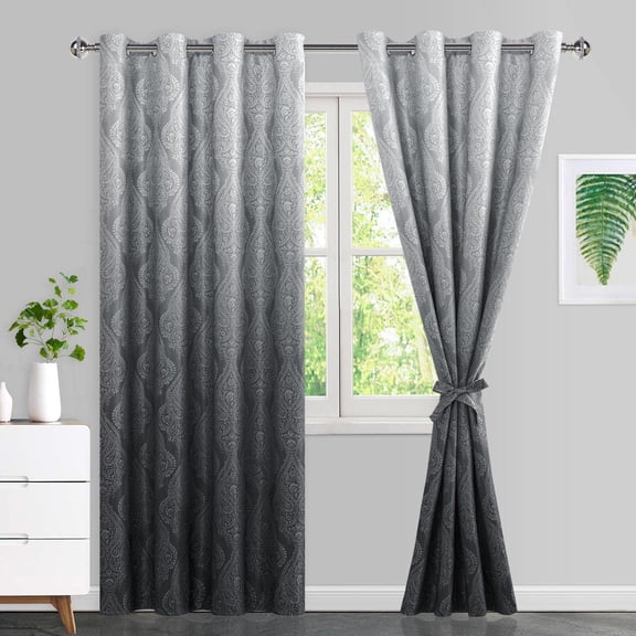 DWCN Ombre Blackout Curtains–Damask Patterned Thermal Insulated Noise Reducing Grommet Curtains for Bedroom Living Room, 52 x 84 Inches, Set of 2 Panels with Tiebacks, Black