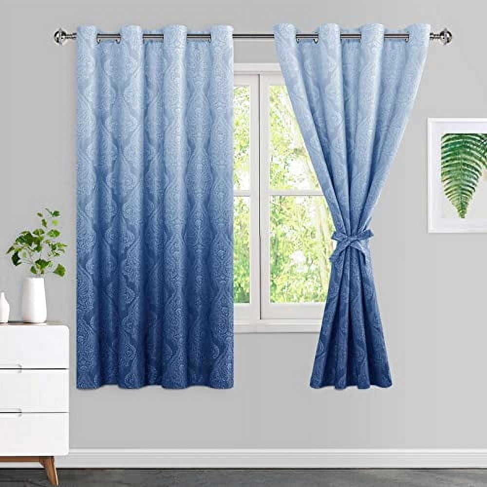 DWCN Ombre Blackout Curtains–Damask Patterned Thermal Insulated Noise Reducing Grommet Curtains for Bedroom Living Room, 55 x 69 Inches, Set of 2 Panels with Tiebacks, Navy Blue