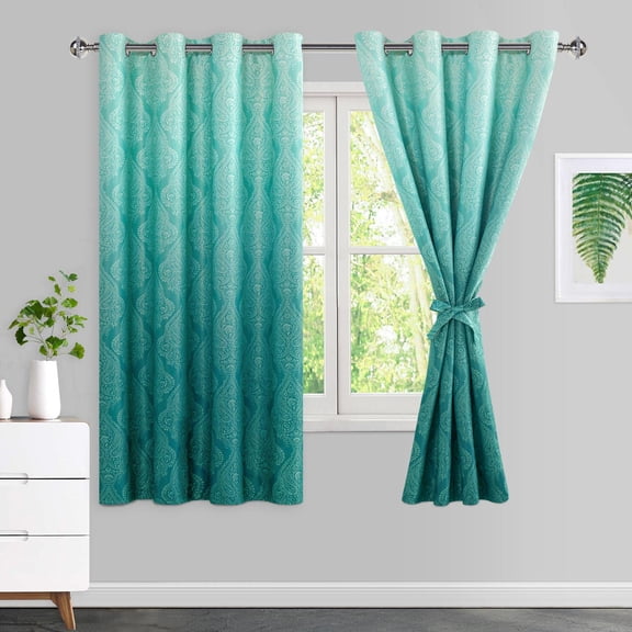DWCN Ombre Blackout Curtains–Damask Patterned Thermal Insulated Noise Reducing Grommet Curtains for Bedroom Living Room, 55 x 69 Inches, Set of 2 Panels with Tiebacks, Teal