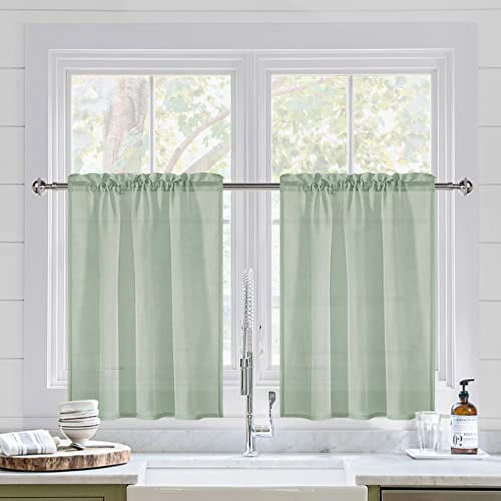 DWCN Sheer Faux Linen Curtains Contemporary Bean Green Solid Print Rod Pocket, 36” x 36” (2 Panels)