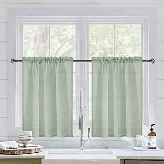 DWCN Sheer Faux Linen Curtains Contemporary Bean Green Solid Print Rod Pocket, 36” x 36” (2 Panels)