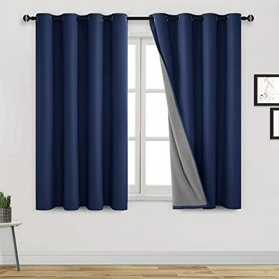 DWCN Short Blackout Curtains for Kitchen and Bedroom 2 Panels Sound Proof Thermal Insulated Light Blocking Window Curtain Panels with Black Liners(Navy Blue,52"W x 45"L)