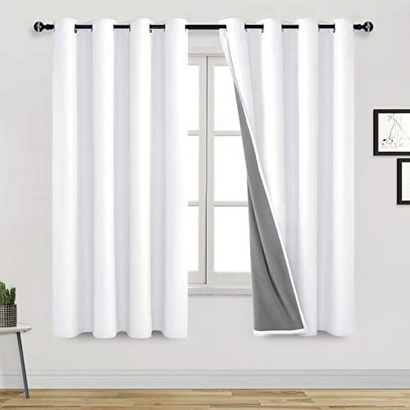 DWCN Short Kitchen Curtains & Drapes Total Blackout Curtain 2 Panels Noise Reducing Sun Light Blocking Thermal Insulated Sound Proof with Grommet Top for Living Room (White,52"W x 63"L)