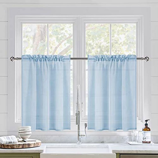 DWCN Sky Blue Sheer Curtains for Kitchen Windows Rod Pocket Semi