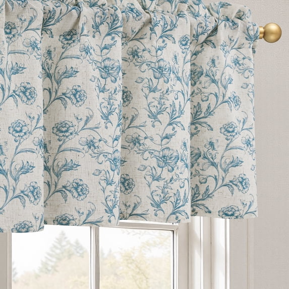 DWCN Thick Textured Linen Floral Valance for Kitchen Living Room, Rod Pocket Farmhouse Vintage Cottage Valance Curtain, Blue Peony, 52 x 14 Inches, 1 Panel