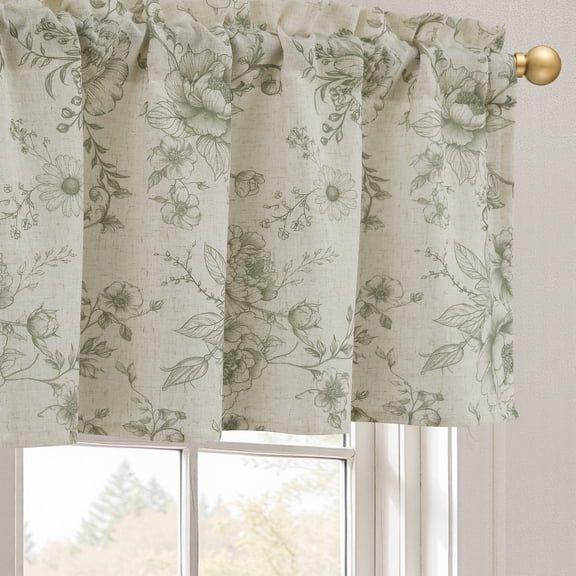 DWCN Thick Textured Linen Floral Valance for Kitchen Living Room, Rod Pocket Farmhouse Vintage Cottage Valance Curtain, Green Peony Fragmented Flowers, 52 x 18 Inches, 1 Panel