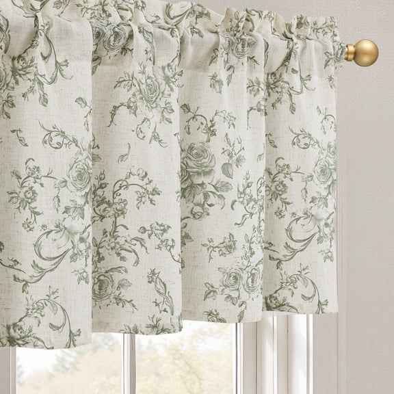 DWCN Thick Textured Linen Floral Valance for Kitchen Living Room, Rod Pocket Farmhouse Vintage Cottage Valance Curtain, Green Rose, 42 x 18 Inches, 1 Panel