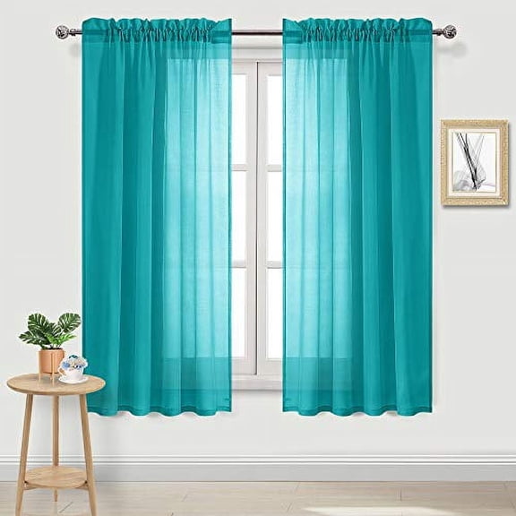 DWCN Turquoise Sheer Curtains Semi Transparent Voile Rod Pocket Curtains for Bedroom and Living Room, 42 x 63 inches Long, Set of 2 Panels
