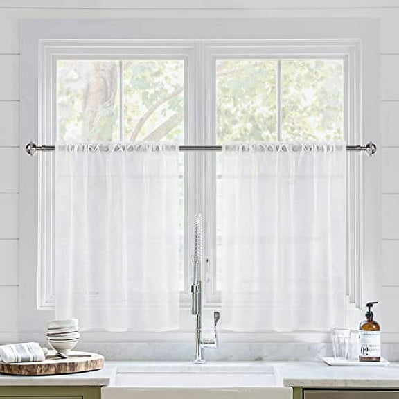 DWCN White Sheer Curtains for Kitchen Windows - Rod Pocket Semi Transparent Voile Tier Curtains for Bedroom, Living Room, Farmhouse, 36 x 36 inches Long, Set of 2 Panels