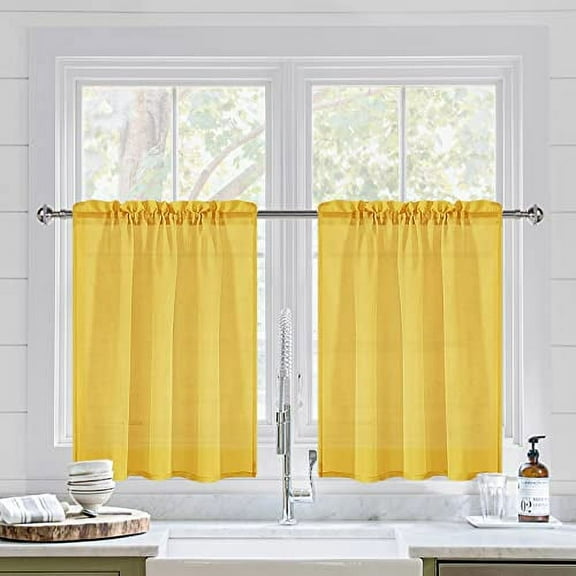 DWCN Yellow Sheer Curtains for Kitchen Windows - Rod Pocket Semi Transparent Voile Tier Curtains for Bedroom, Living Room, Farmhouse, 36 x 36 inches Long, Set of 2 Panels