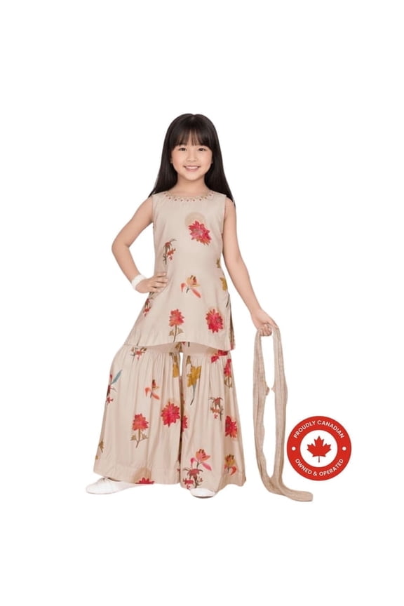 Cream Floral Kurti with Sharara Set for Girls – Festive & Party Wear, 7-8 Y(28)