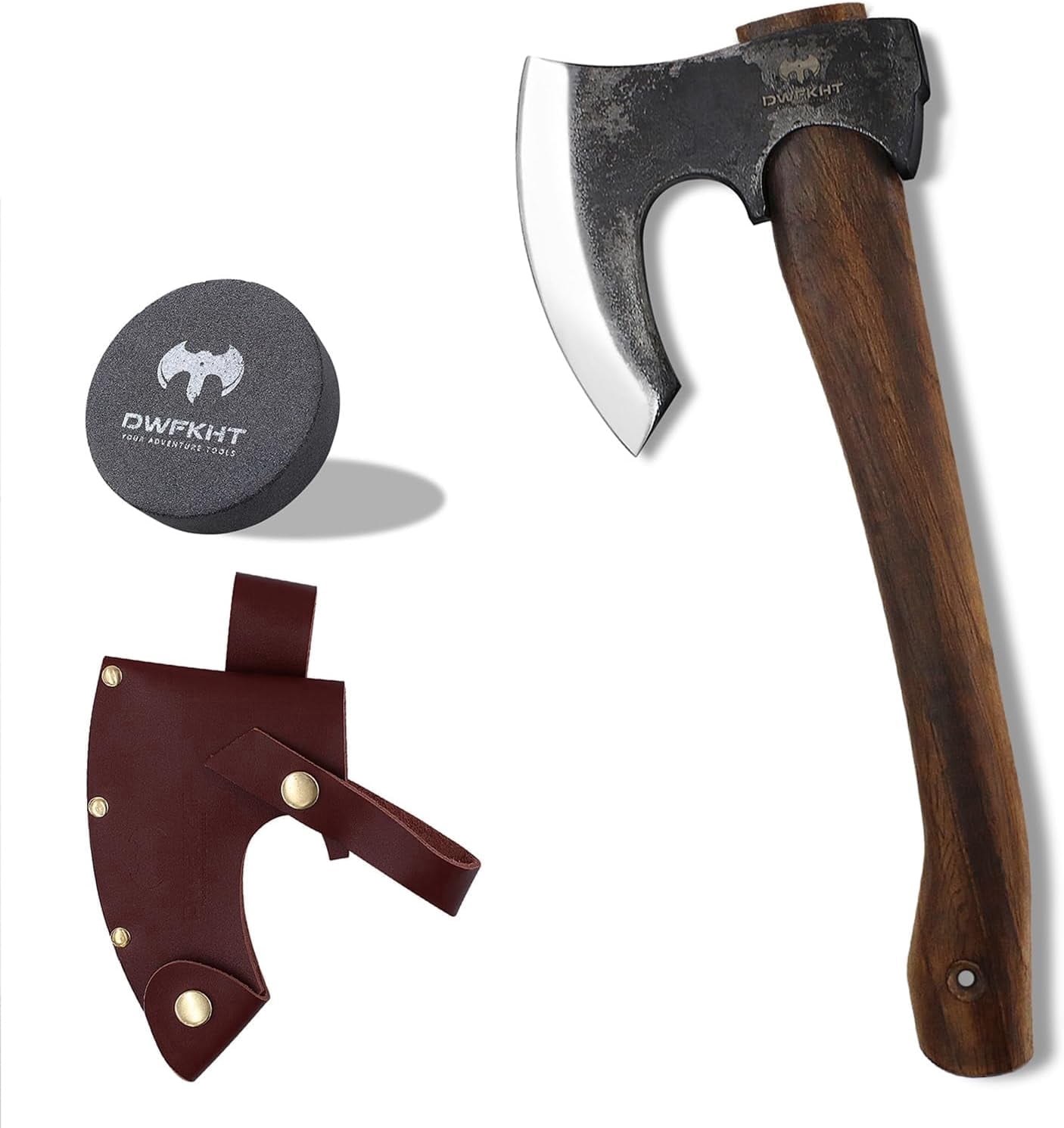 DWFKHT Camping Hatchet 14.6",1065 High Carbon Steel Blade with Beech Handle & Leather Sheath, Outdoor Axe for Wood Chopping, Splitting&Gardening Tasks