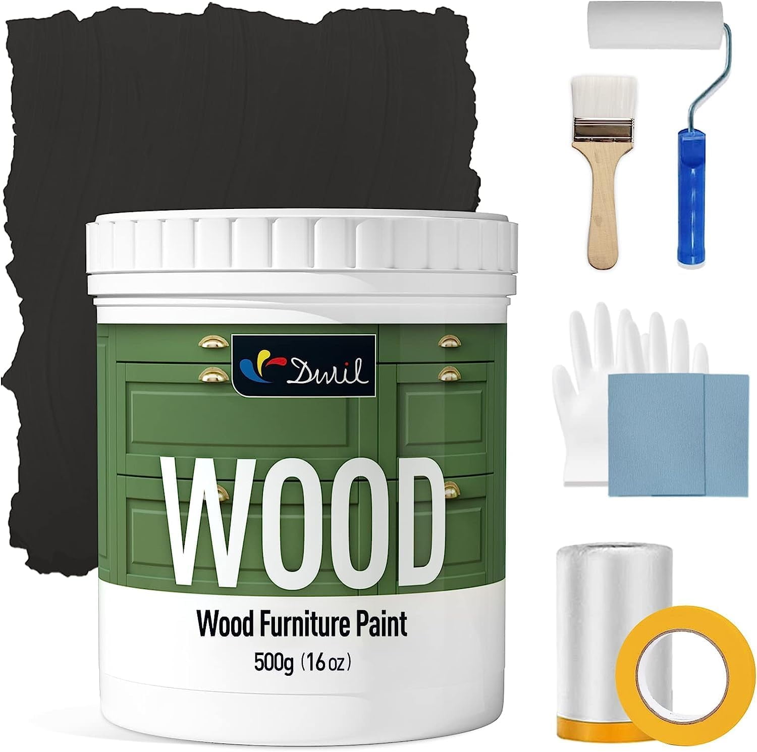 DWIL Furniture Paint - 16 Oz Wood Paint for Cabinets, Doors, Tables, and Dressers Refinishing - Water-Based, Non-Toxic & Odorless, Easy to Apply(Black)-With Tools