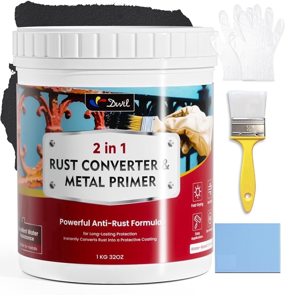 DWIL Rust Converter for Metal, 2 in 1 Rust Converter Paint and Primer, Converts Rust to Long-Lasting Protective Coating, Anti Rust and Rust Prevention Paint, No Sanding or Primer Needed, Black, 32 oz