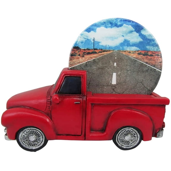 DWK Vintage Red Pickup Truck Coaster Holder with Decorative Drink Coasters ( 5 Piece Set) - 6"