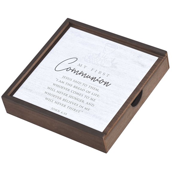 DWMBSM2 My First Communion - John 6:35 - 9.5 x 2 Inch Walnut Brown MDF Wood Keepsake Memory Box