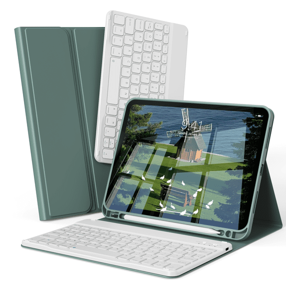 DWPSG Keyboard Case for iPad (A16) 11th Generation 11 inch 2025, Stand Folio Detachable Wireless Bluetooth Rechargeable Keyboard, for iPad 10th Generation 10.9 inch 2022 with Pencil Holder, Green