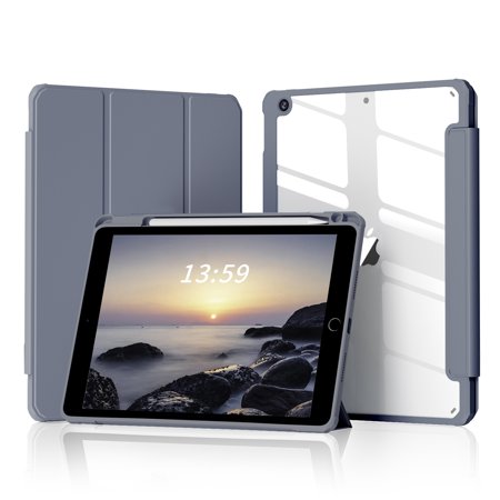 DWPSG iPad 9th Generation Case 10.2 Inch iPad Case 9th/8th/7th Generation 2021 2020 2019 Transparent Back Cover Pen Storage Tri-Fold Stand Auto Sleep Function Lightweight, Purple