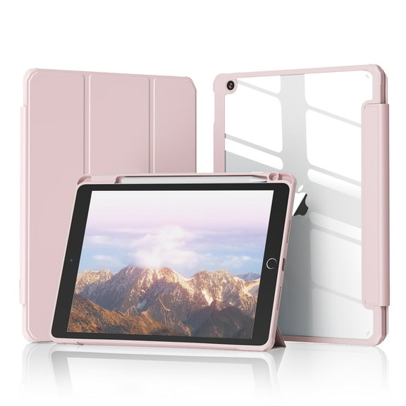 DWPSG iPad 9th Generation Case 10.2 Inch iPad Case 9th/8th/7th Generation 2021 2020 2019 Transparent Back Cover Pen Storage Tri-Fold Stand Auto Sleep Function Lightweight, Pink