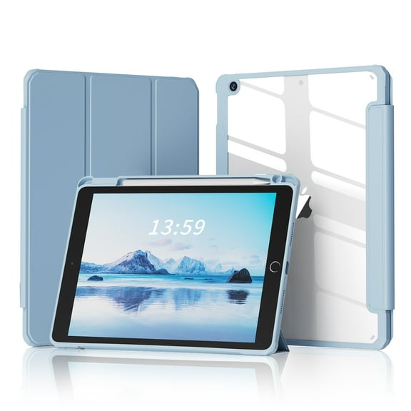 DWPSG iPad 9th Generation Case 10.2 Inch iPad Case 9th/8th/7th Generation 2021 2020 2019 Transparent Back Cover Pen Storage Tri-Fold Stand Auto Sleep Function Lightweight, Linght Blue