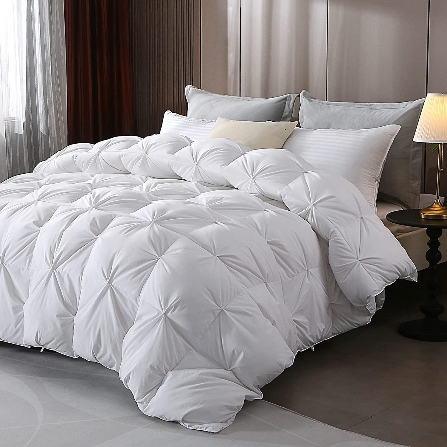 DWR Luxury Pinch Pleat Light Twin Goose Feathers Down Comforter Ultra Soft All Season Fluffy Duvet Insert Cotton Blend Cover Bedding Comforter with 8