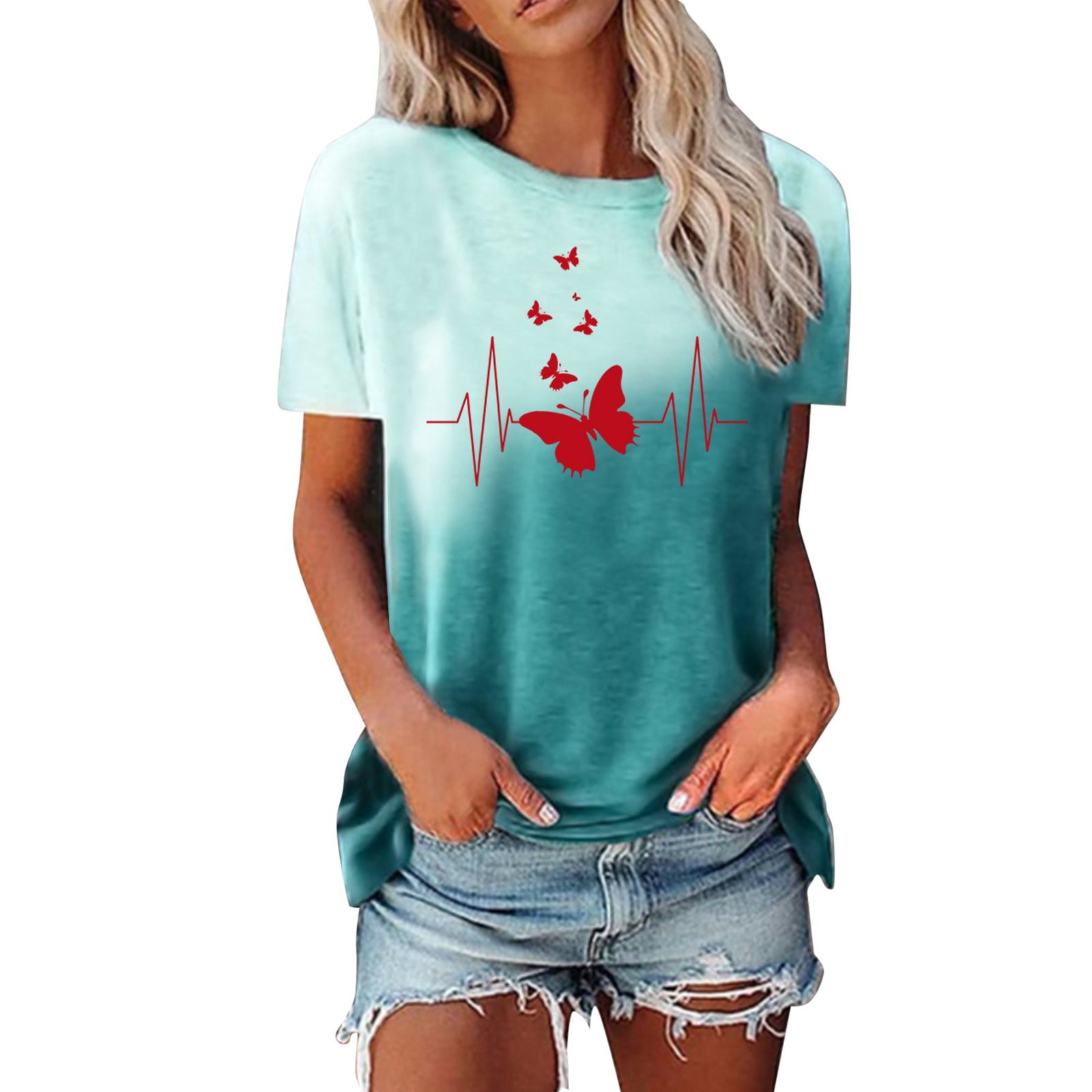 DWRGQD Valentines Women's TShirts Round Neck Tie Dye Print Short